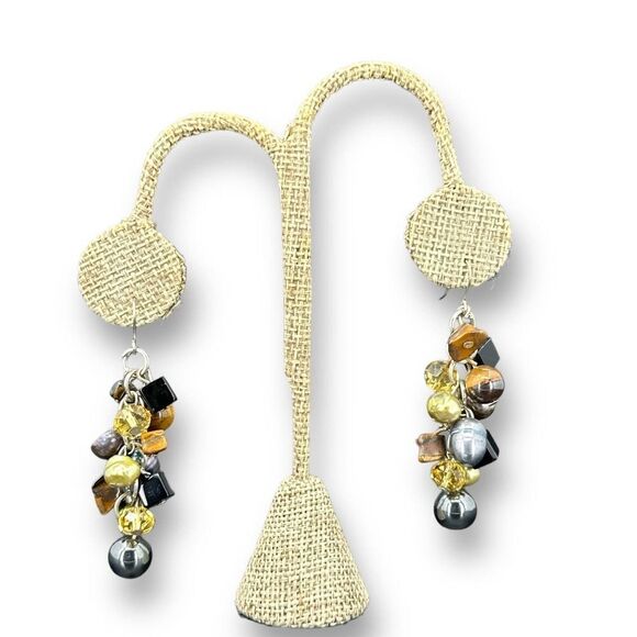 Semi Precious Gem Beaded Dangle Earrings Silver Plated - Picture 5 of 7